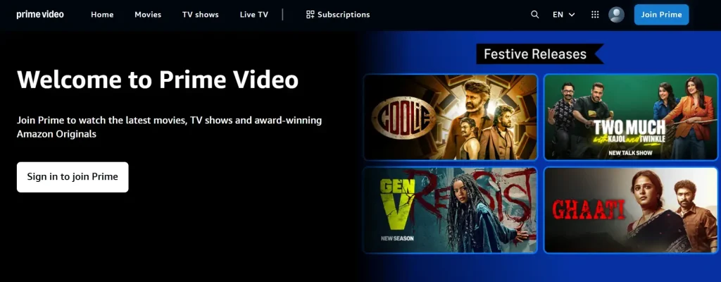 Amazon Prime video homepage Amazon Prime video homepage